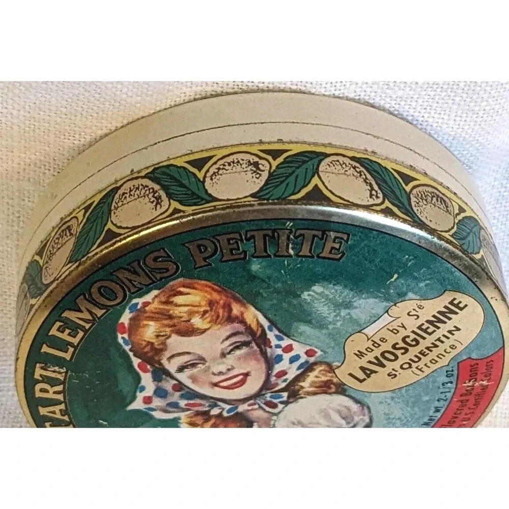 French Tart Advertising Tin Lemons La Vosgienne Petite Drops France Trinket Vtg